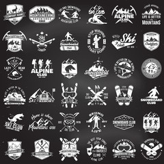 Mountain expedition, ski and snowboard club emblem. Vector illustration.