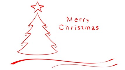 
Minimalistic christmas tree of red ribbon and handwritten text merry christmas on white background. Christmas card.