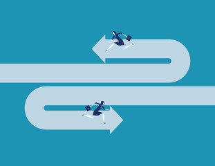 Businesswoman running opposite direction. Concept business vector illustration.