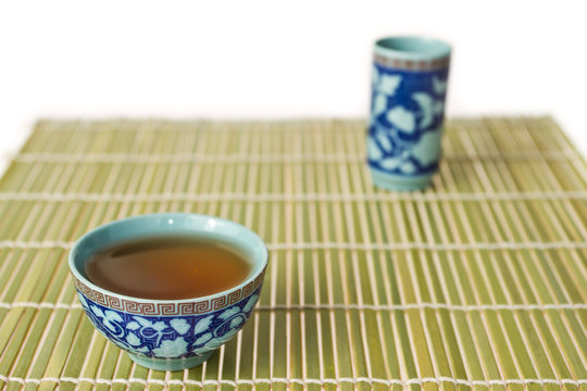 Chinese tea set on bamboo mat