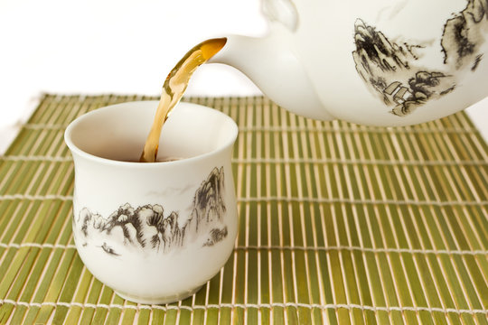 Chinese tea set Chinese tea set on bamboo maton bamboo mat