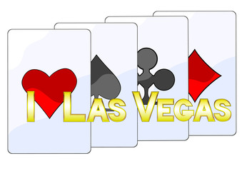 Playing cards and las vegas logo on white background