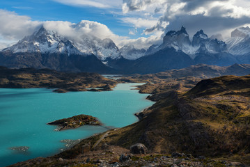 
The fantastic color of the lake water is Pehoé's surface water body located in Torres del Paine National Park, in the Magallanes Region of southern Chile.