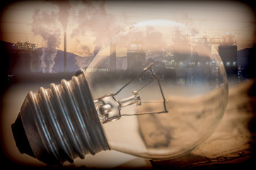 Digital composition, vintage bulb with power factor background, conceptual image