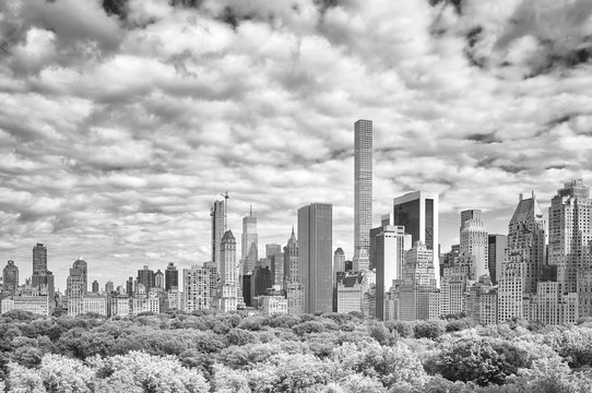 Fototapeta Black and white picture of the New York City skyline over Central Park, USA.