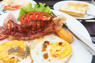 Close up american breakfast top view