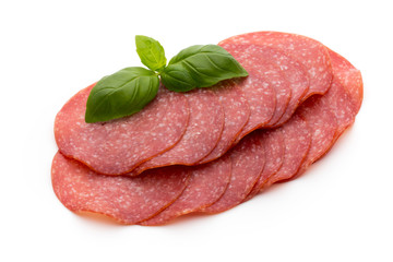 Salami slices isolated on white background.