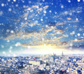 First snow in Toledo, winter in Spain. X-mas, Business, Love and travel concept