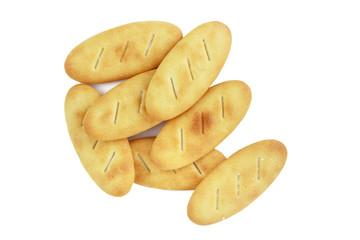 pile cracker biscuit isolated on white background. top view