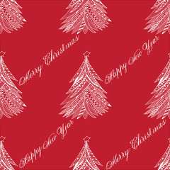 Christmas tree pattern doodle stylized, hand drawn, white on red - 184993494