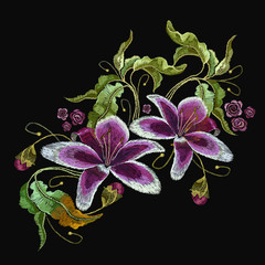 Naklejka na ściany i meble Embroidery tiger lily, flowers orchids. Beautiful tropical orchids flower. Classic style embroidery. Template for clothes, textiles, t-shirt design
