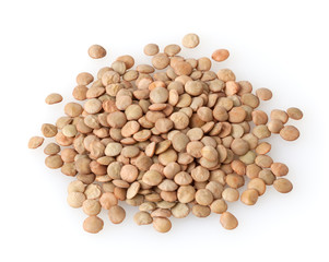 Heap of uncooked green lentils isolated on white background