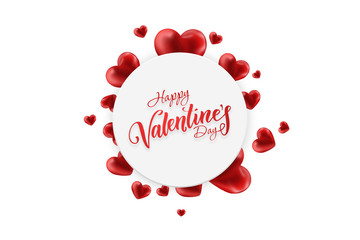 Happy Valentine's Day web banner. Composition with red hearts and white circle in the center on a white background. Flyer, postcard, invitation, illustration.