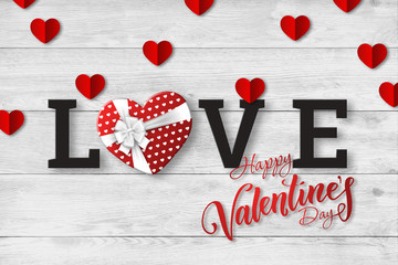 Happy Valentine's Day, web banner. Composition with a realistic gift in the form of heart and paper hearts on a white background. Romantic background, Flyer, postcard, invitation, raster illustration.