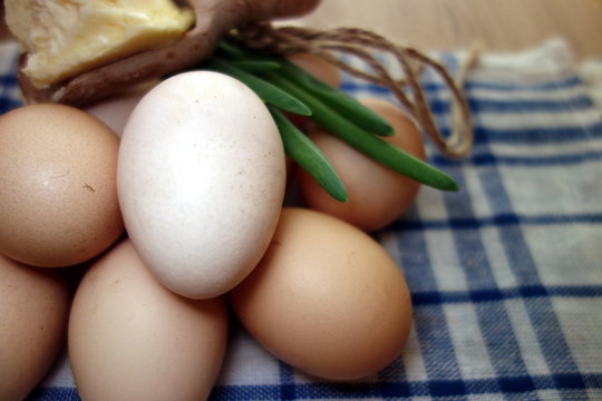 Fresh eggs on a table in the kitchen