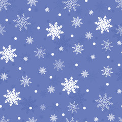 Winter seamless background with flat white snowflakes on a blue background. Vector Christmas background for fabric, textile, wrapping paper, postcard, invitation, wallpaper. New Year's background.