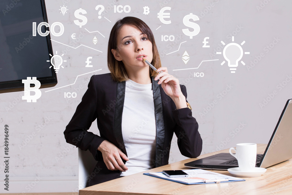 Poster businessman thinks about currency ico initial coin offering on a virtual digital electronic user int