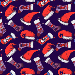 Santa hats, Christmas sock with Santa, bear, deer and snowman, hand drawn doodle sketch color illustration, seamless pattern design on dark blue background