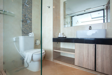 Luxury bathroom features basin, toilet bowl and bathtub