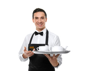 Waiter holding tray with tea set on white background