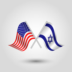 vector two crossed american and israeli flags on silver sticks - symbol of united states of america and israel