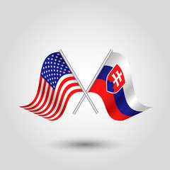 vector two crossed american and slovak flags on silver sticks - symbol of united states of america and slovakia