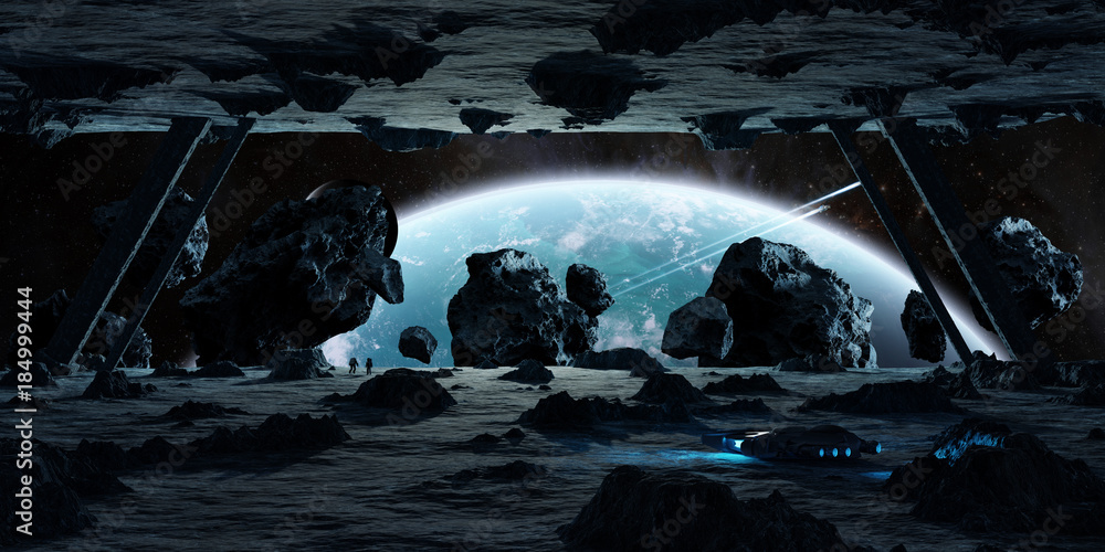 Poster Astronauts exploring an asteroid spaceship 3D rendering elements of this image furnished by NASA