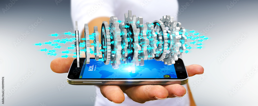 Poster businessman using floating modern gear mechanism 3d rendering