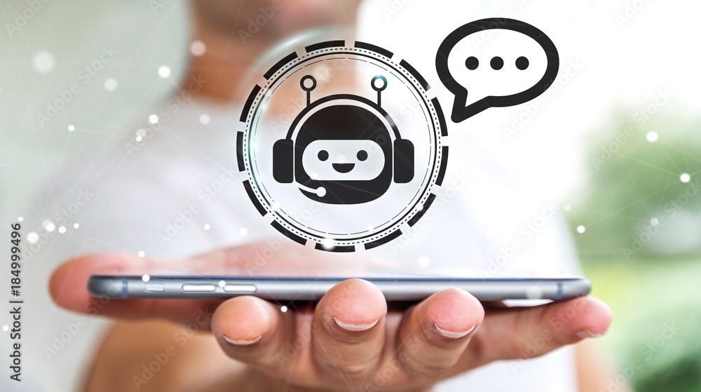Aufkleber Businessman chatting with chatbot application 3D rendering