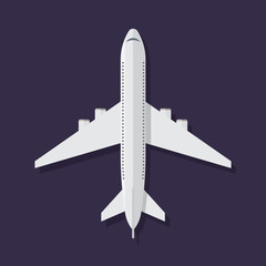 Image of white jet airplane on dark background. View from above. Flat style vector illustration.