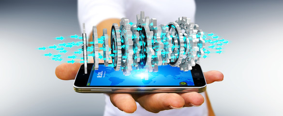 Businessman using floating modern gear mechanism 3D rendering