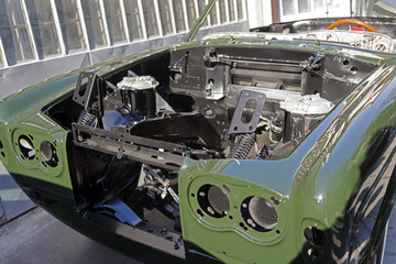 An engine of a classic vintage car