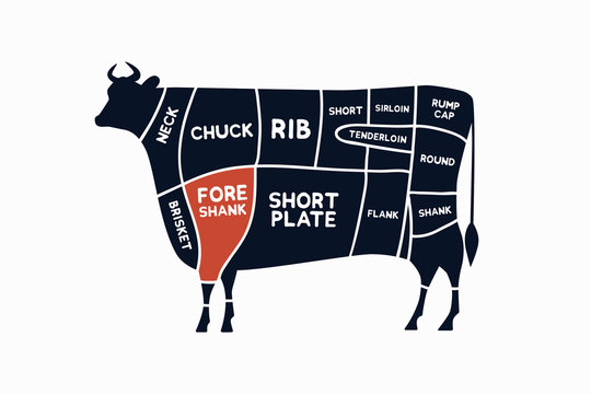 Meat cuts. Diagrams for butcher shop. Scheme of beef. Animal silhouette beef. Vector illustration.