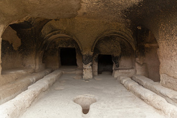 Vardzia is a cave monastery site excavated from Erusheti Mountain on the left bank of the Mtkvari River, near Akhaltsikhe, Georgia. cave monastery Vardzia Georgia