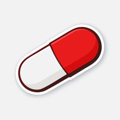 Vector illustration. Red and white pill. Capsule with medicine. Care for health. Traditional medicine. Sticker with contour. Isolated on white background