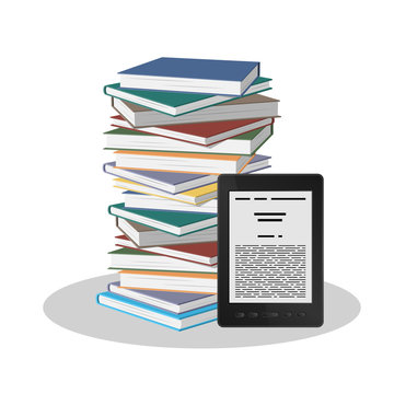 Stack of books and an electronic book on a white background.
