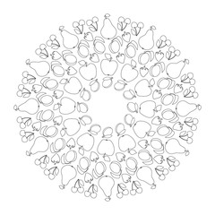 vector black and white circular fruity mandala with apple, pear, apricot, cherry, plum and strawberry - adult coloring book page