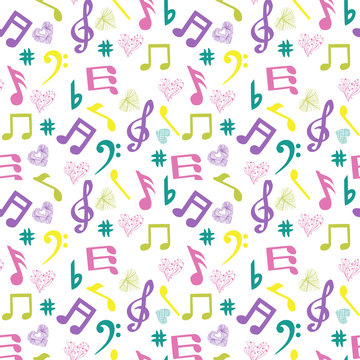 olorful music-notes and hearts on white background