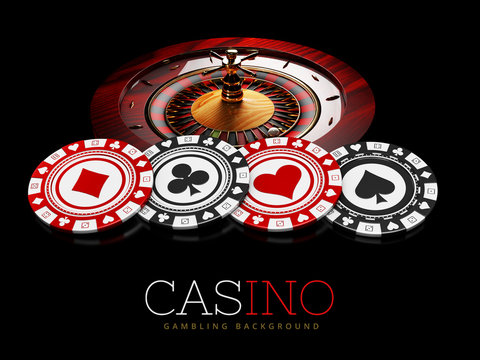 Casino chips and roulette on black background, 3d Illustration