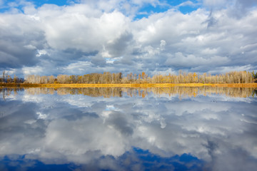 Peaceful autumn slough reflection of clouds, flathead valley, Montana