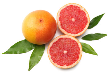 healthy food. grapefruit with green leaf isolated on white background top view