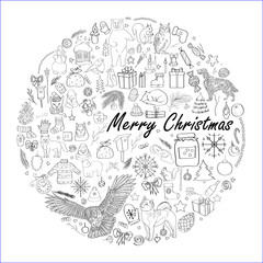 Vector illustration, winter images, isolated elements, winter symbols, Christmas and New Year. Forest animals, bear, fox, squirrel, bullfinch. The inscription Merry Christmas. Black and white line.