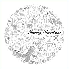 Obraz premium Vector illustration, winter images, isolated elements, winter symbols, Christmas and New Year. Forest animals, bear, fox, squirrel, bullfinch. The inscription Merry Christmas. Black and white line.