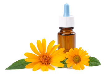 Obraz na płótnie Canvas aromatherapy essential oil with marigold flowers isolated on white background