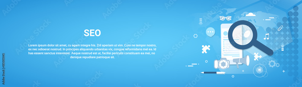 Poster seo optimization concept horizontal web banner with copy space flat vector illustration