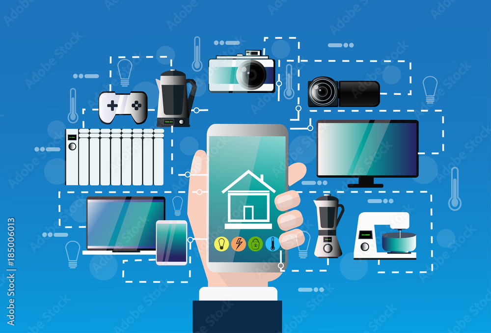 Poster smart home control system hand hold smartphone application devices automation concept modern house t