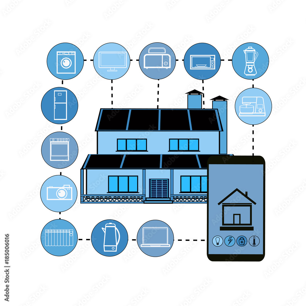 Poster smart home control system smartphone application icons of devices automation concept modern house te