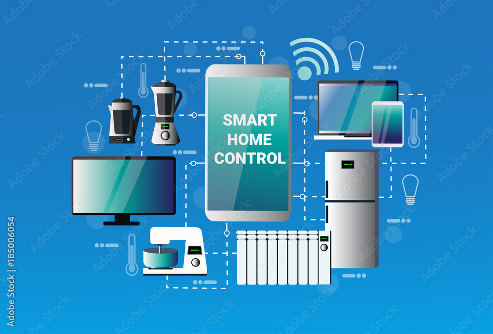 Poster smart home control system smartphone application devices automation concept modern house technology 