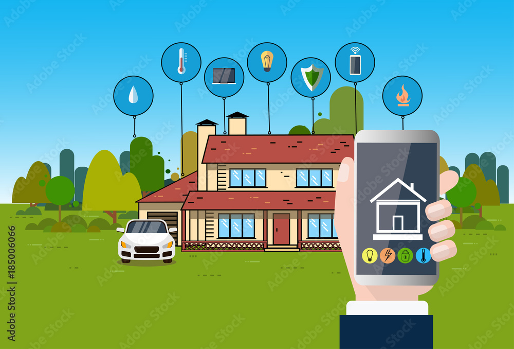 Aufkleber hand hold smartphone with smart home control system application modern house automation technology v