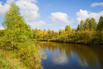 Sunny autumn day on the Mezha river. Kostroma region, Russia